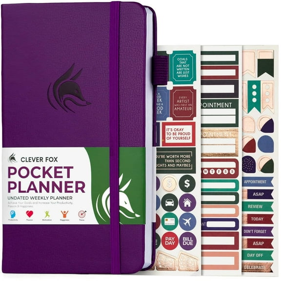 Clever Fox Pocket Planner Weekly - Undated Monthly Goal Planner and Calendar for Increasing Productivity, Mini Planner Perfect for Purse, Size: 3.7" x 6.7", Start Anytime, Lasts 1 Year - Purple