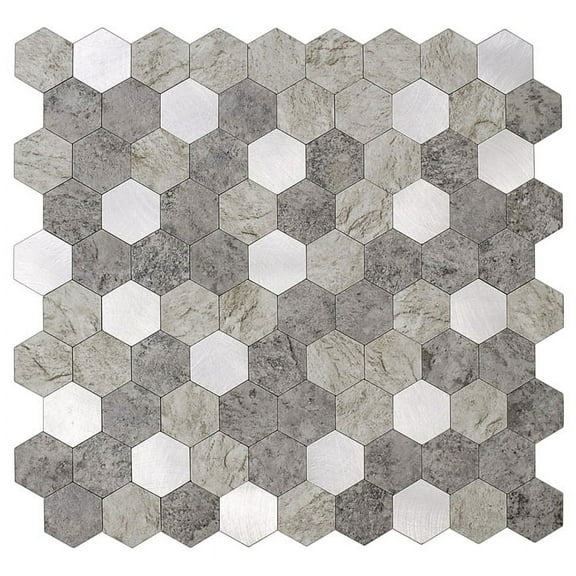 Clever Mosaics Hexagon Self-Adhesive Metal and Marble Honeycomb Peel and Stick Tiles, for Kitchen 5 Piece