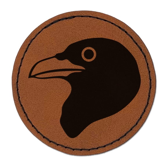 Clever Raven Head 2.5" Faux Leather Round Engraved Iron-On Patch - Brown