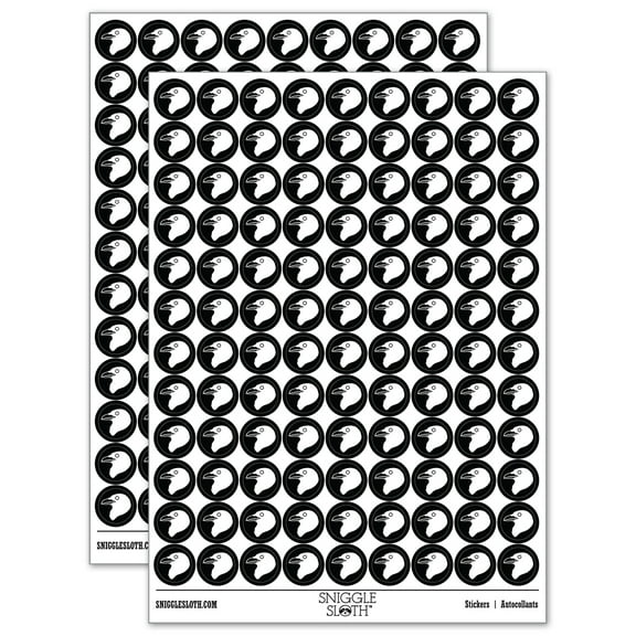 Clever Raven Head 200+ Round Stickers - Black - Gloss Finish - 0.50" Size