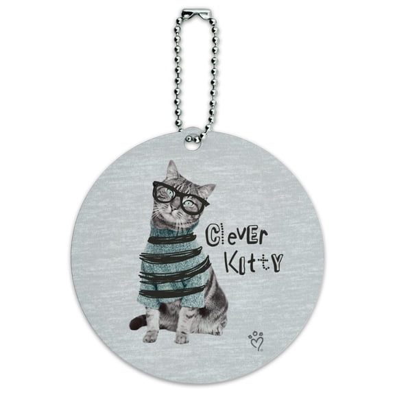 Clever Smart Kitty Cat Kitten Glasses Sweater Round Luggage ID Tag Card Suitcase Carry-On