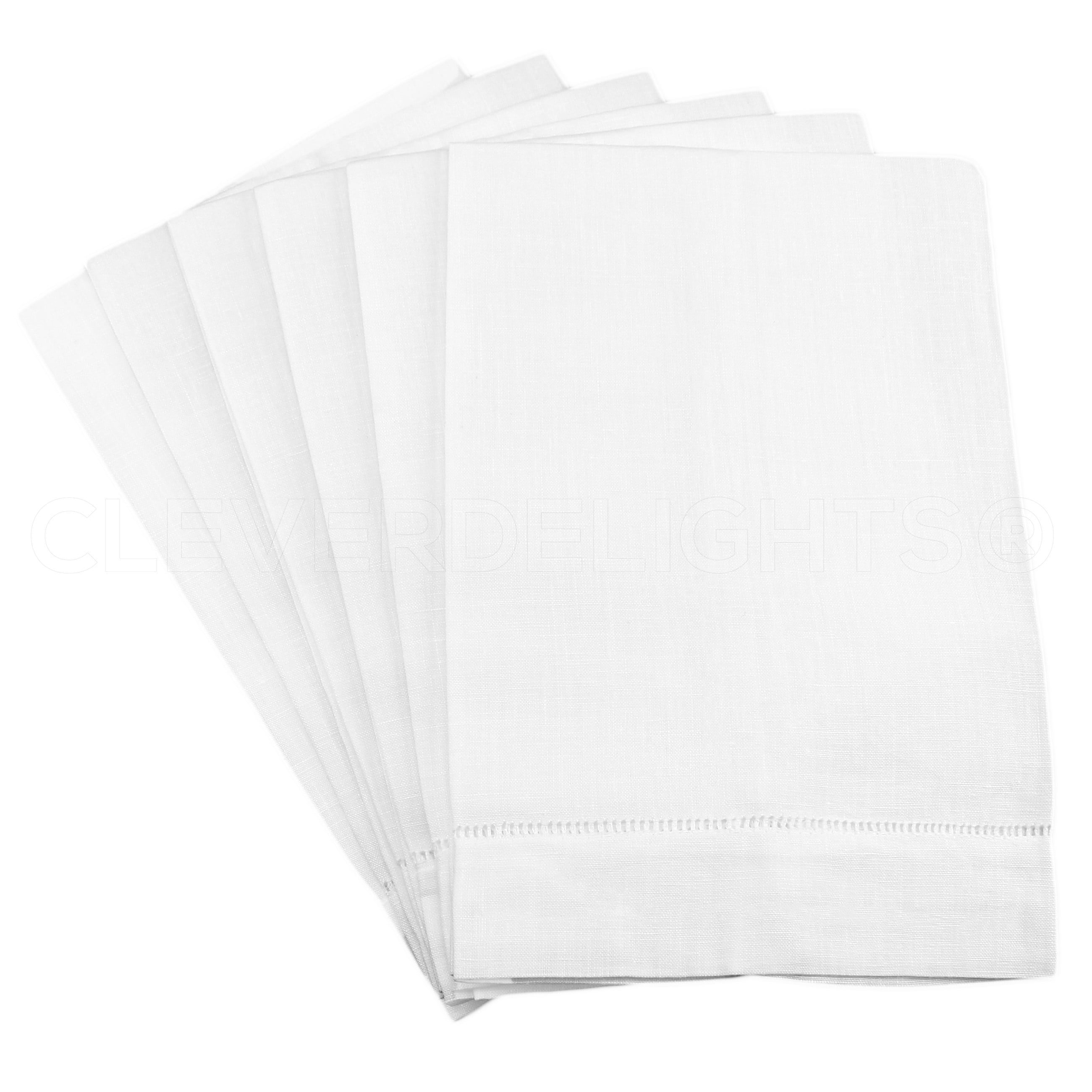 CleverDelights White Hemstitch Hand Towels - 6 Pack - 14" x 22" - 55/45 Linen Cotton Blend