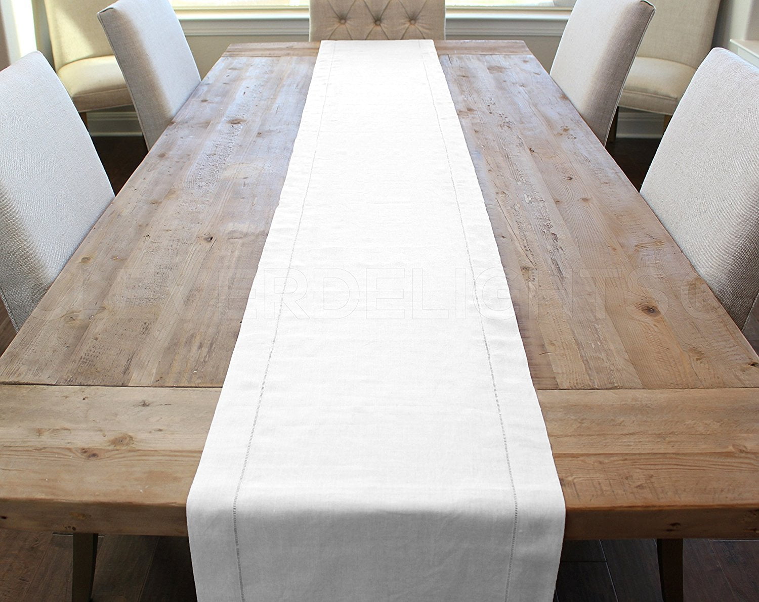 CleverDelights White Hemstitch Table Runner - 16 x 108 Inch - 55/45 Linen Cotton Blend