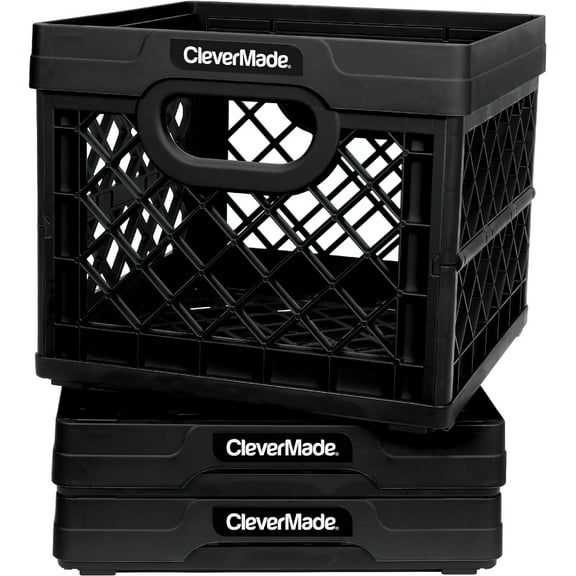 CleverMade 25L (6 Gal) Collapsible Milk Crate (100% Recycled), Obsidian (3-Pack)