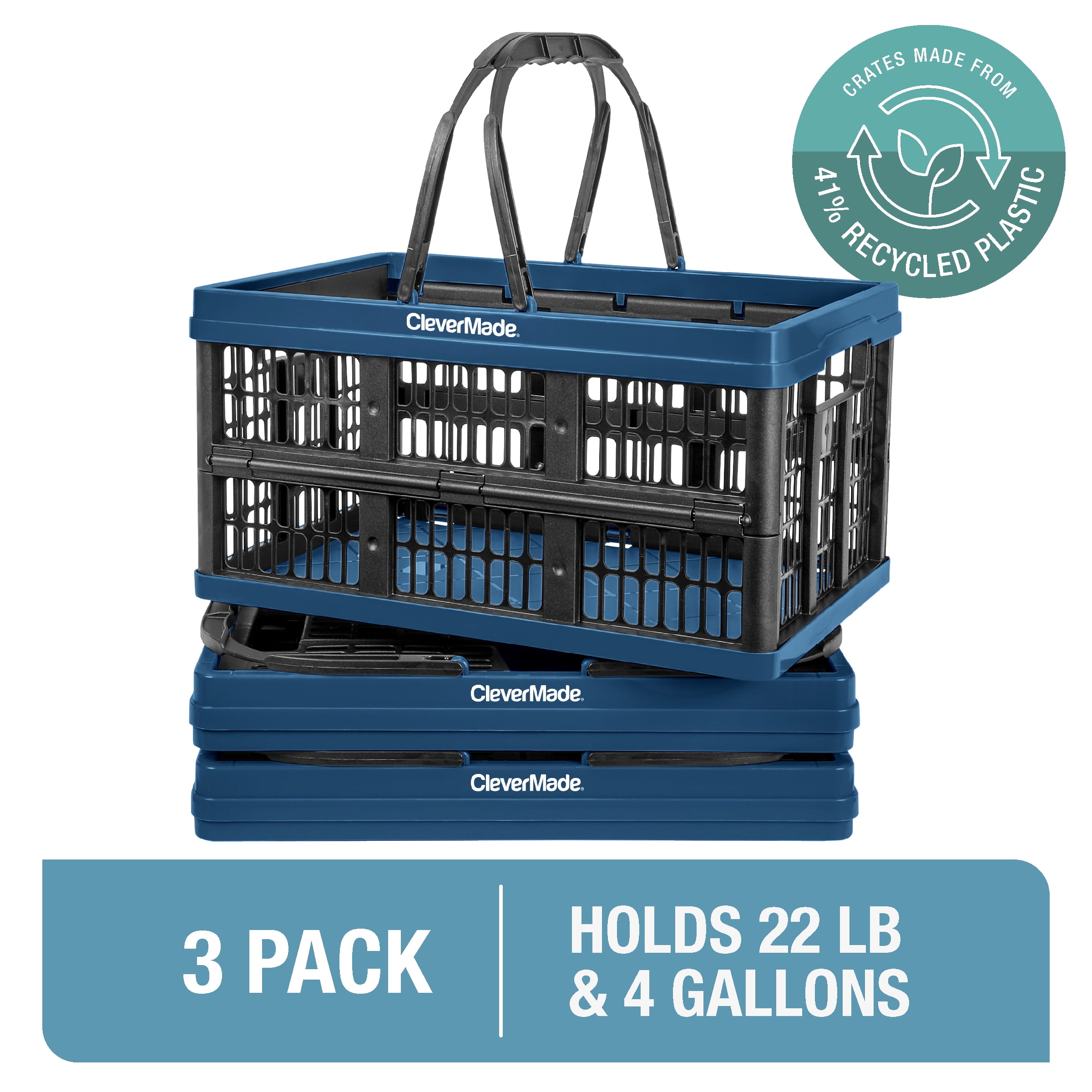 CleverMade 3 Pack Collapsible Shopping Basket EcoCrate with Handles