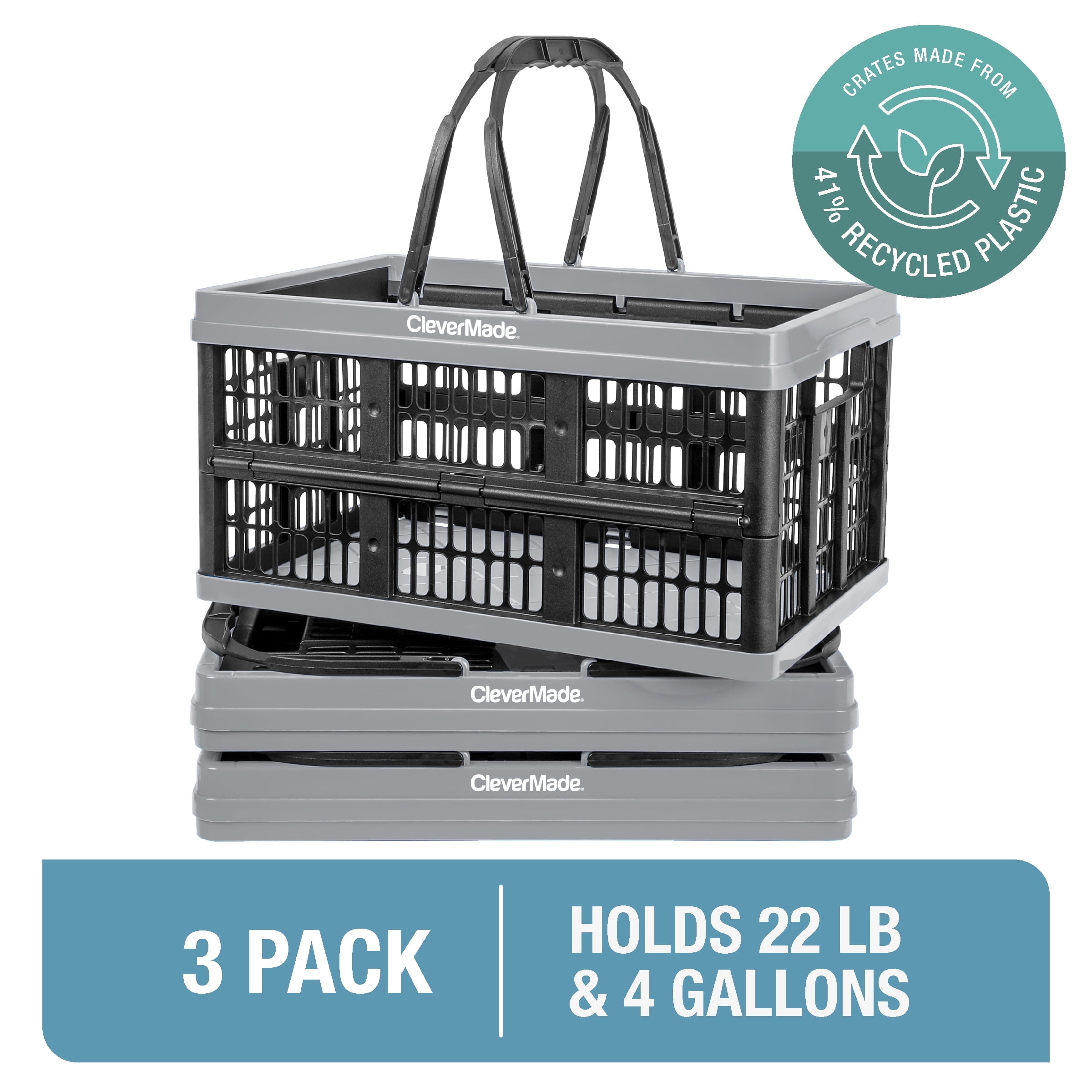 CleverMade 3 Pack Collapsible Shopping Basket EcoCrate with Handles 16L Stone