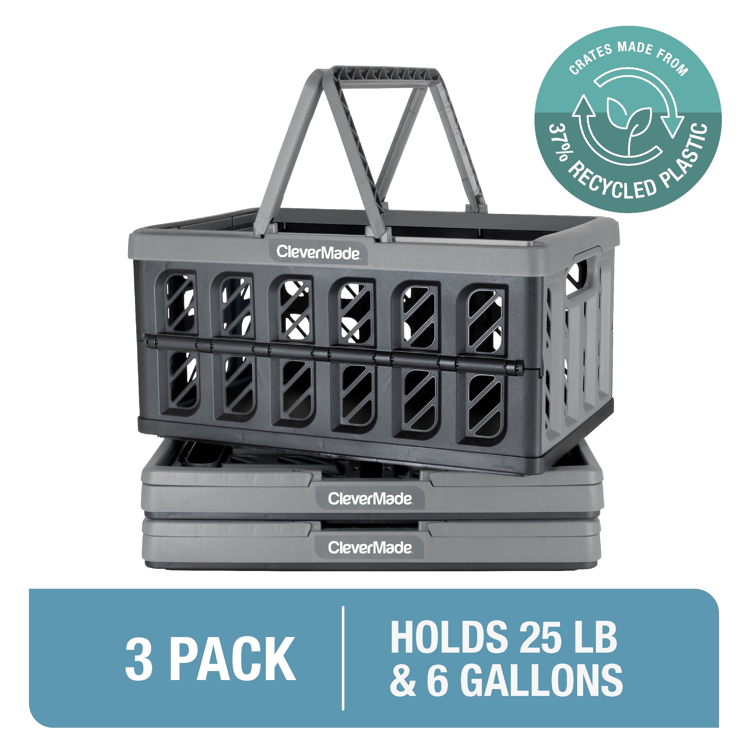 CleverMade 3 Pack Collapsible Shopping Basket EcoCrate with Handles