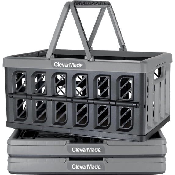CleverMade Eco Collapsible Shopping Basket with Handles, 24L Stone, 3 Pack