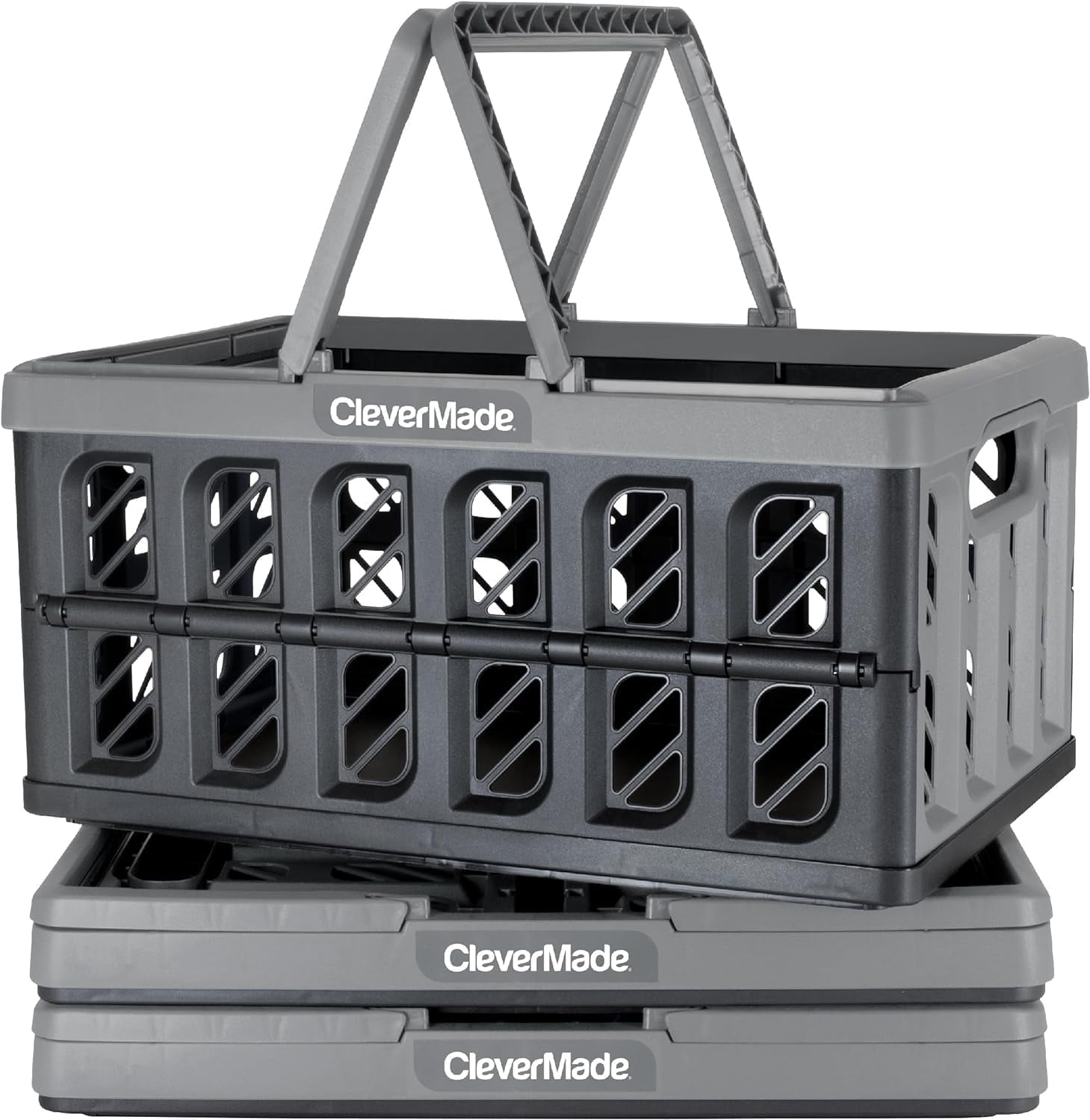 CleverMade Eco Collapsible Shopping Basket with Handles, 24L Stone, 3 Pack