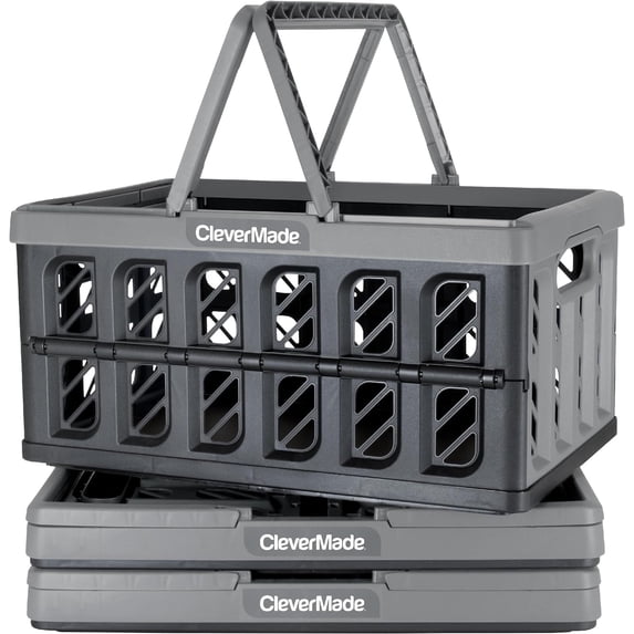 CleverMade Eco Collapsible Shopping Basket with Handles, 24L Stone, 3 Pack