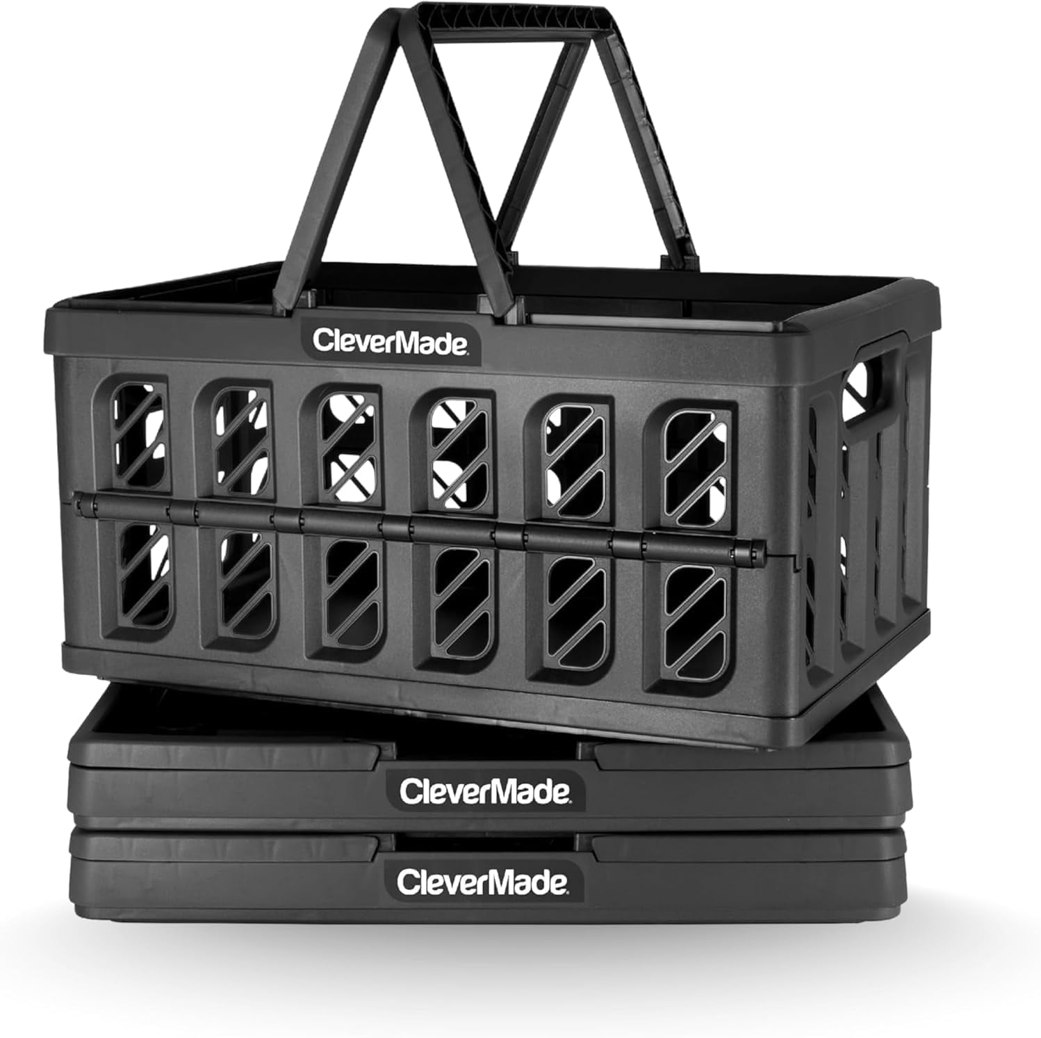 CleverMade 24L Collapsible Shopping Basket with Handles, Obsidian, 3 Pack
