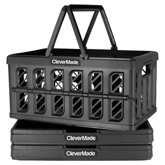 CleverMade 3 Pack Collapsible Shopping Basket (Recycled) EcoCrate with Handles - 24L, Obsidian
