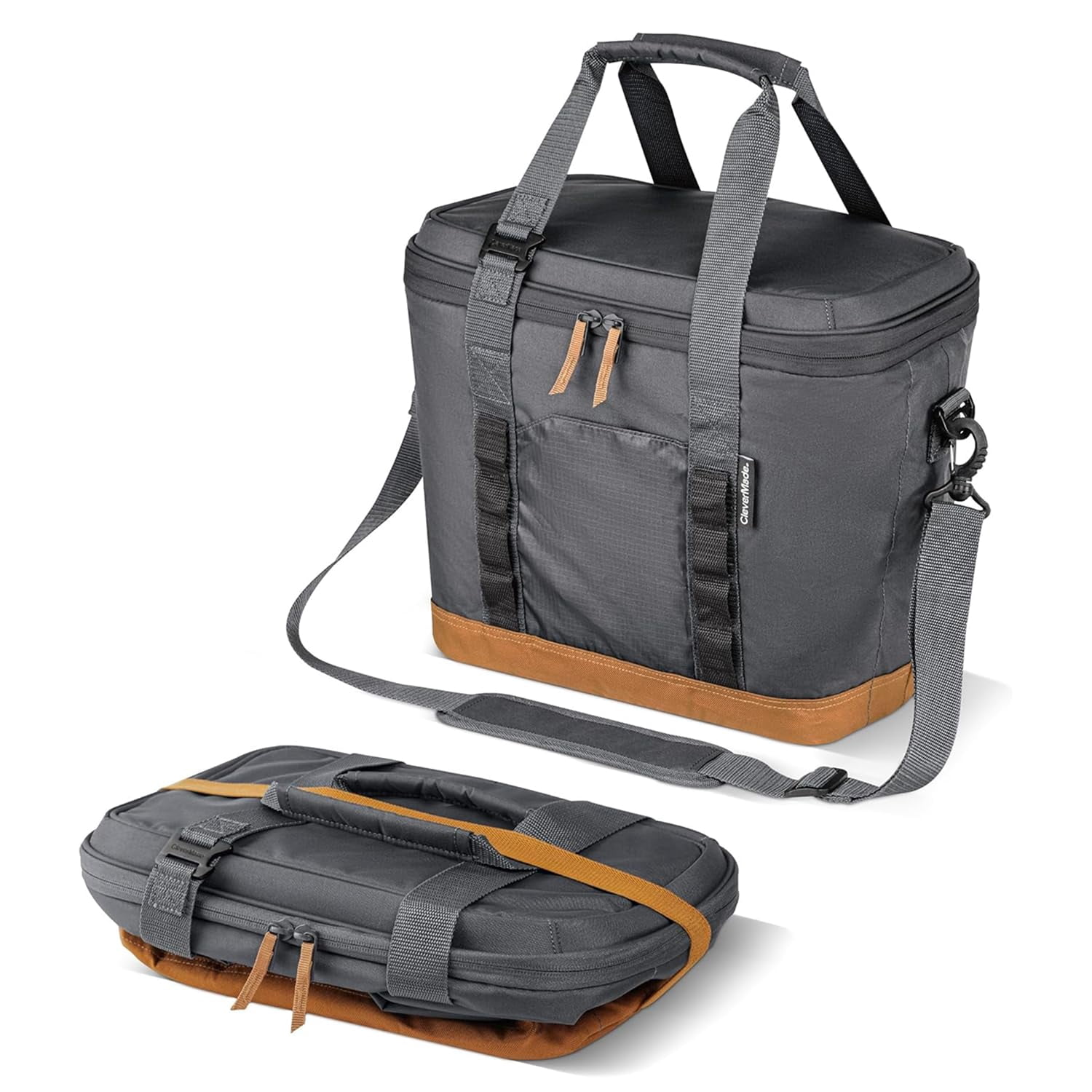 CleverMade 30 Can Pacifica Collapsible Cooler, Cool Gray/Cognac