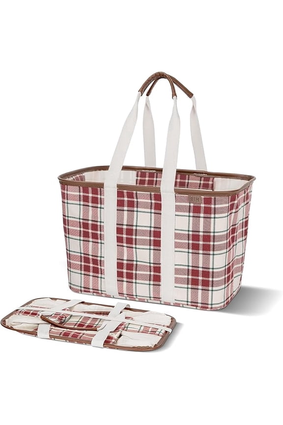 Collapsible Canvas Tote Bag, 8 Gal, Red Checkered