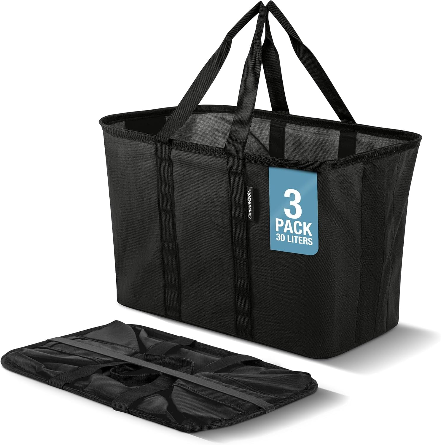 CleverMade Collapsible Shopping Basket 30L Reusable Tote 3 Pack, Midnight Black
