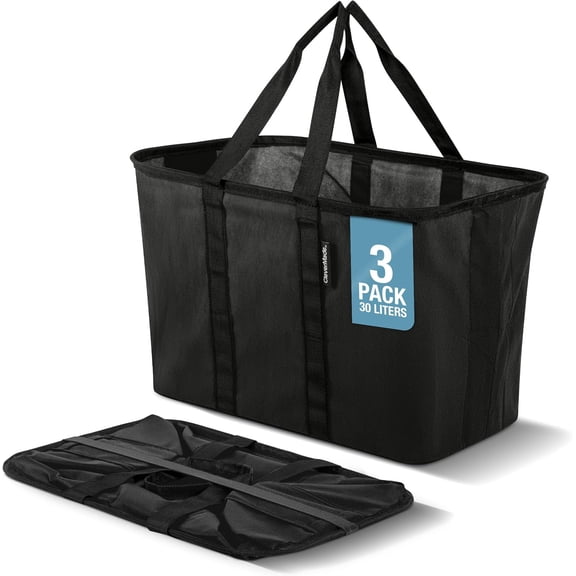 CleverMade Collapsible Shopping Basket 30L Reusable Tote 3 Pack, Midnight Black