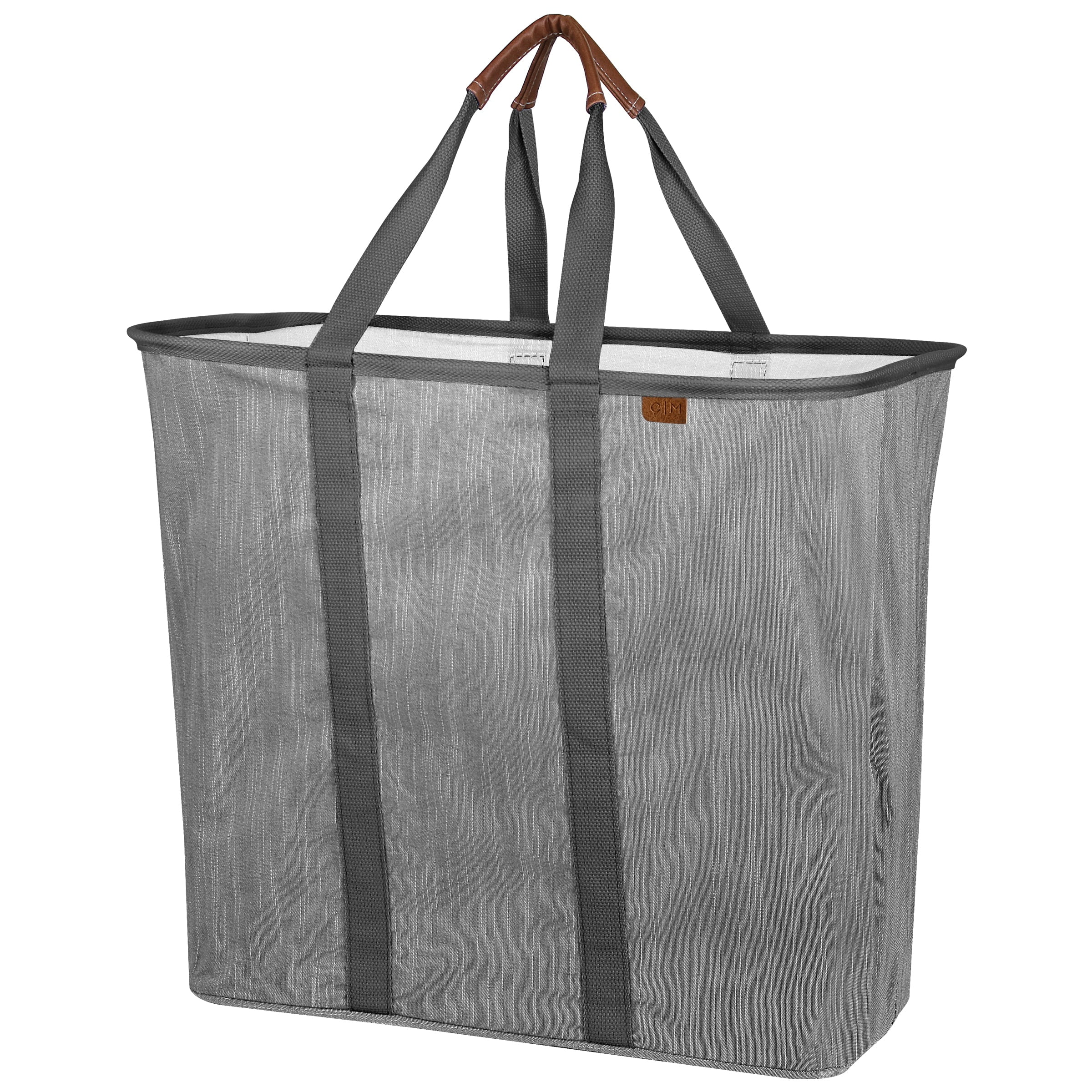 Gray Collapsible Fabric Laundry Hamper with Vegan Leather Accents