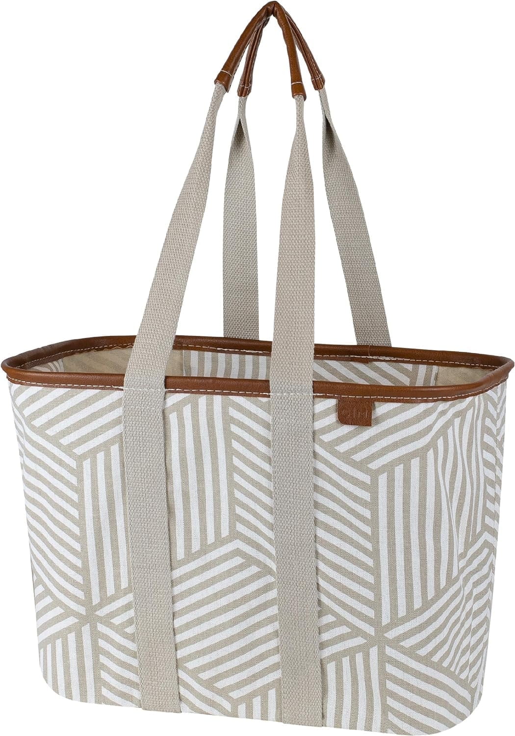 CleverMade Collapsible Canvas Tote Bag, Geometric Taupe