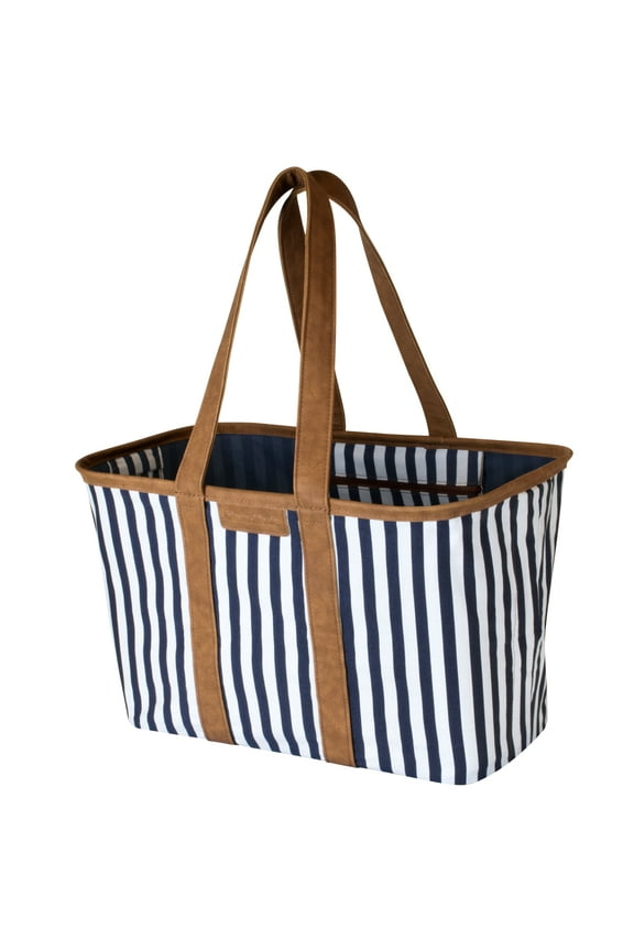 Collapsible Canvas Tote Bag, 8 Gal, Navy Striped