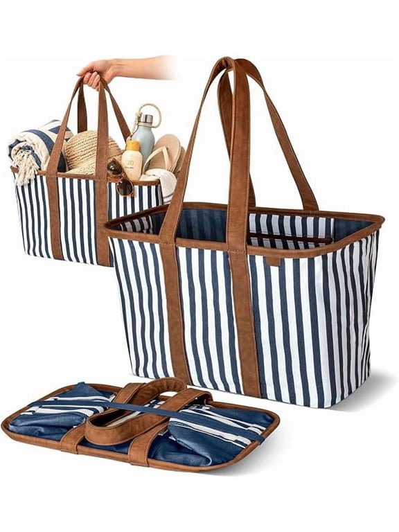 Collapsible Canvas Tote Bag, 8 Gal, Navy Striped