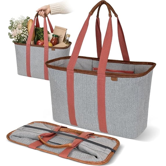 CleverMade Collapsible 30L Tote Luxe Reusable Grocery Bag & Organizer 1 Pack, Rose Herringbone