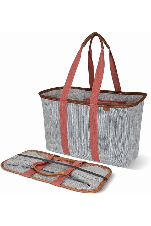 Collapsible 30L Tote Luxe Reusable Grocery Bag & Organizer 1 Pack, Rose Herringbone