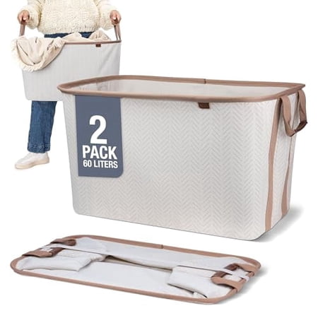 CleverMade Collapsible Laundry Baskets 2PK - 60L (16 Gal) Cream Herringbone