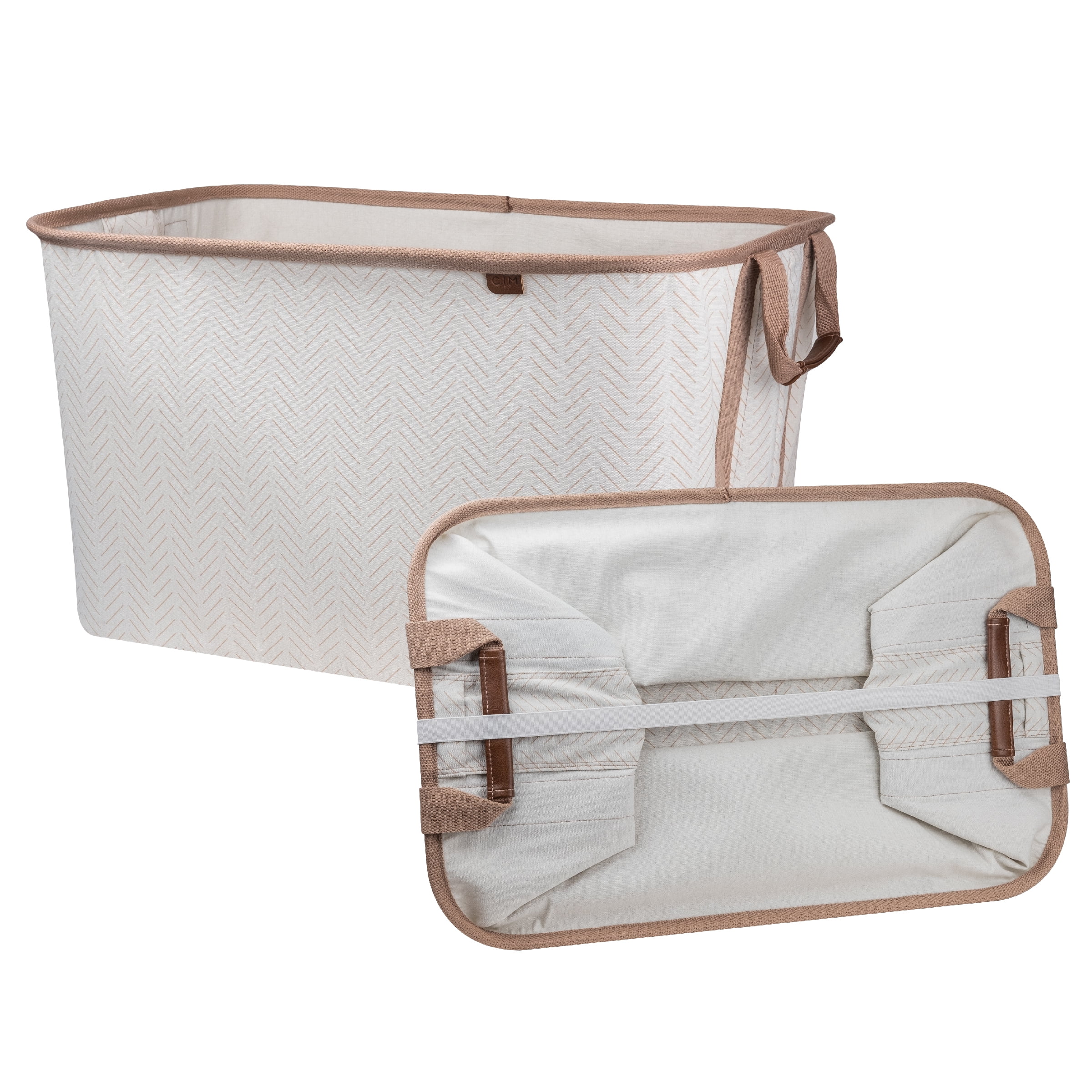 Cream Herringbone Collapsible Fabric Laundry Basket with Vegan Leather Handles