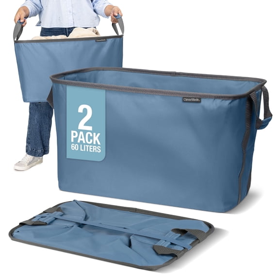 CleverMade Collapsible Laundry Tote Foldable Carry Basket 2 Pack, Black Gray