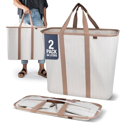 CleverMade Collapsible Fabric Laundry Hamper Premium, Cream Herringbone, 2 Pack