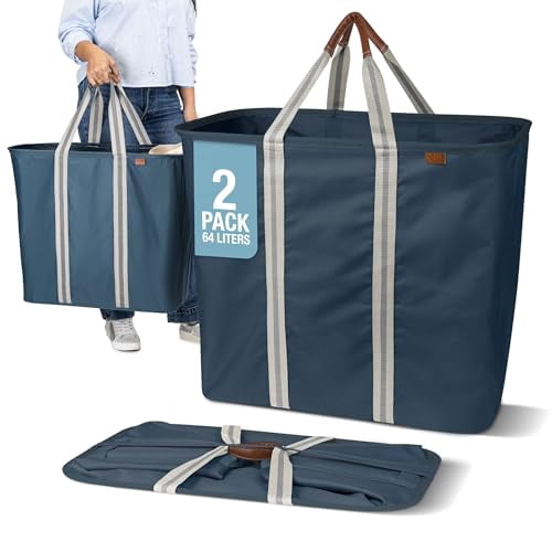 CleverMade Collapsible Laundry Caddy LUXE Tote Hamper 2 Pack 64L, Navy Noir
