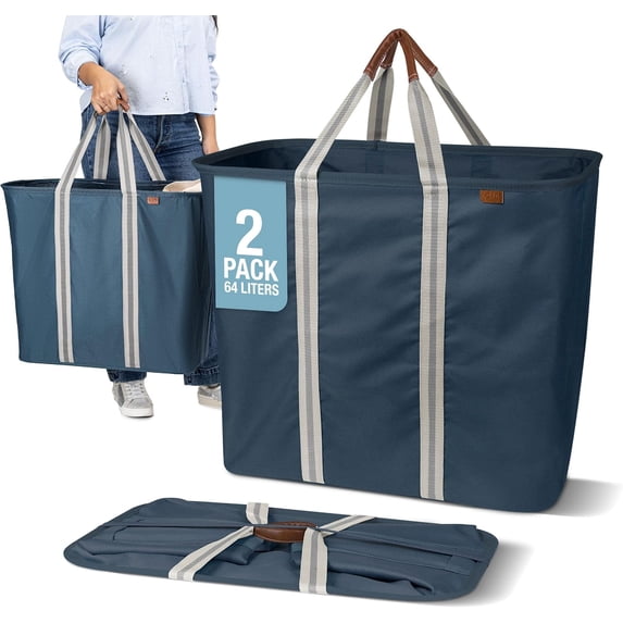 CleverMade Collapsible Laundry Caddy LUXE Tote Hamper 2 Pack 64L, Navy Noir