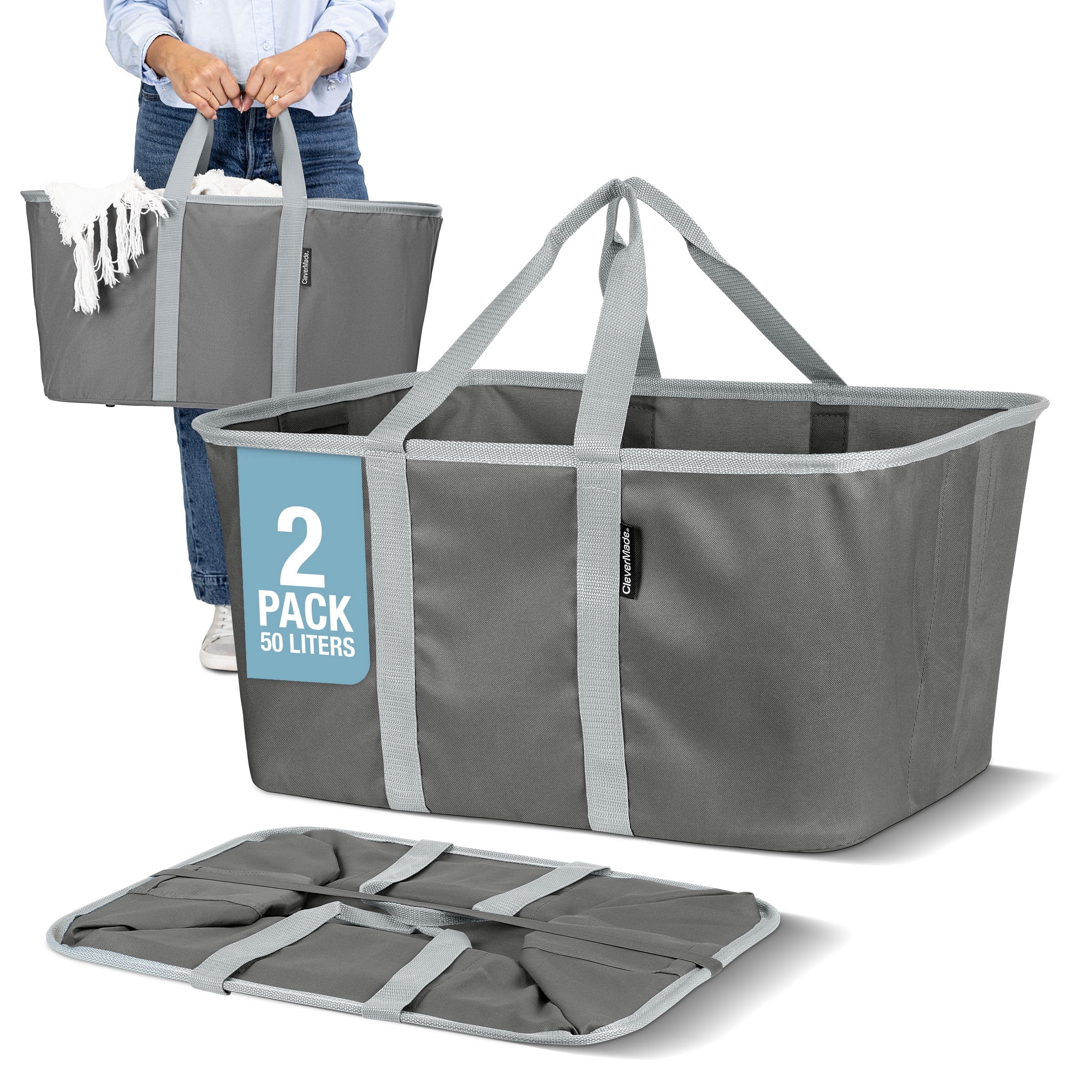 CleverMade Collapsible Laundry Tote 2PK - 50L (13 Gal) Charcoal/Gray