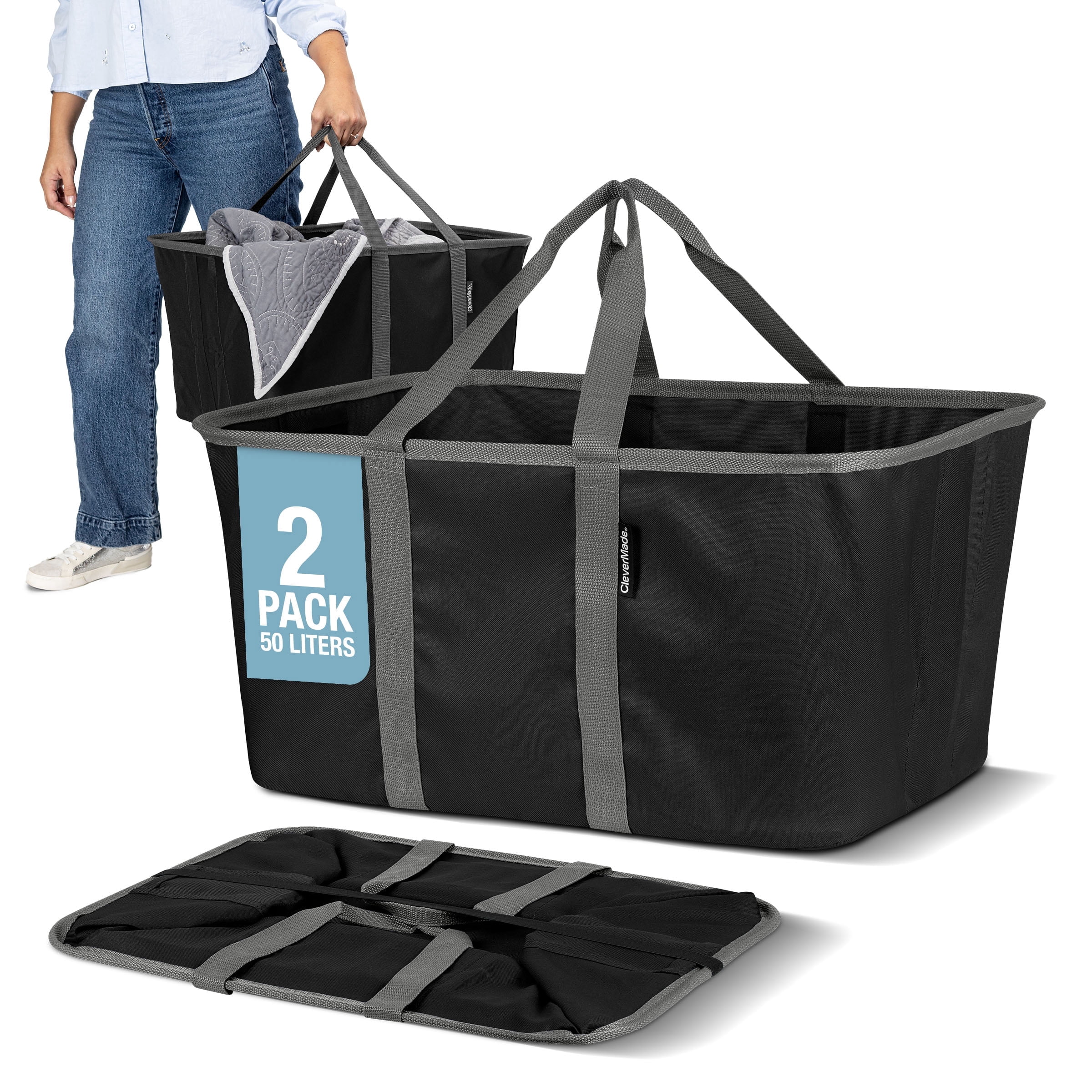 CleverMade Collapsible Laundry Tote, Midnight Black/Shadow Gray, 2-Pack