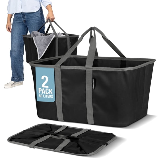 CleverMade Collapsible Laundry Tote, Midnight Black/Shadow Gray, 2-Pack