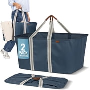 CleverMade Collapsible Laundry Tote Foldable Carry Basket 2 Pack, Navy Noir