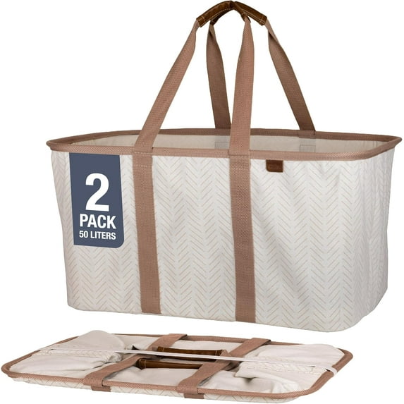 CleverMade Collapsible Laundry Tote, 2PK, 50L, Cream Herringbone, Handles, Fabric, Steel, Plastic