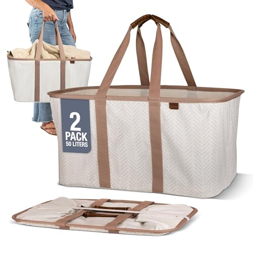 CleverMade Collapsible Laundry Tote, 2PK, 50L, Cream Herringbone, Handles, Fabric, Steel, Plastic