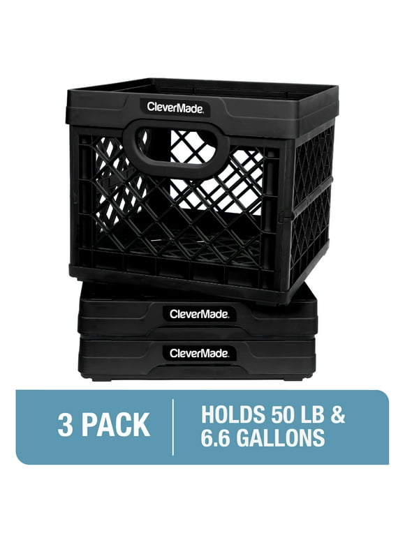 CleverMade Collapsible Milk Crate, Stackable Storage Bin - 6 Gal Black, 3 Pack