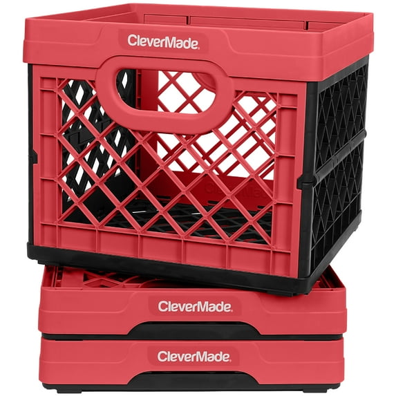 CleverMade Collapsible Milk Crate, Stackable Storage Bin - 6 Gal Red, 3 Pack