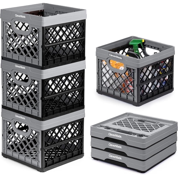 CleverMade Collapsible Milk Crate 25L Stackable, Stone 3 Pack