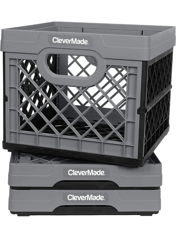 CleverMade Collapsible Milk Crate, Stackable Storage Bin - 6 Gal Stone, 3 Pack
