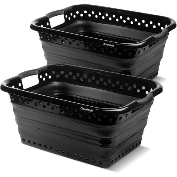 CleverMade Collapsible Plastic Laundry Basket - 39L - Black/Black (2PK)