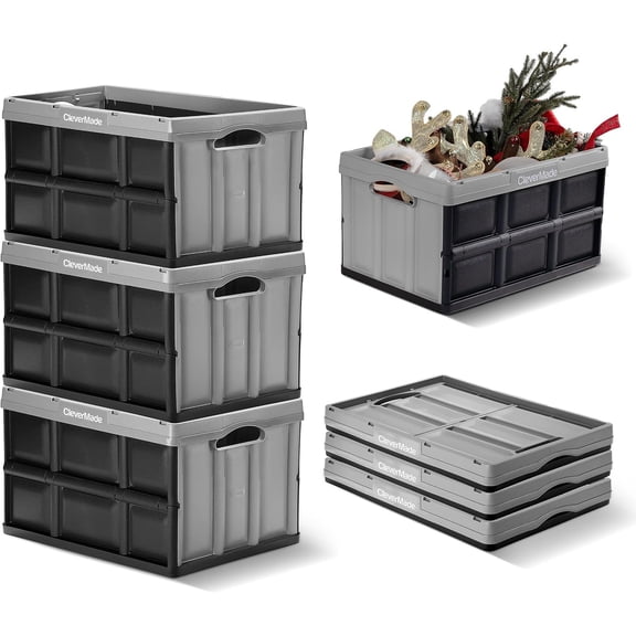 CleverMade Collapsible Storage Bin 46L Stackable, Stone 3 Pack