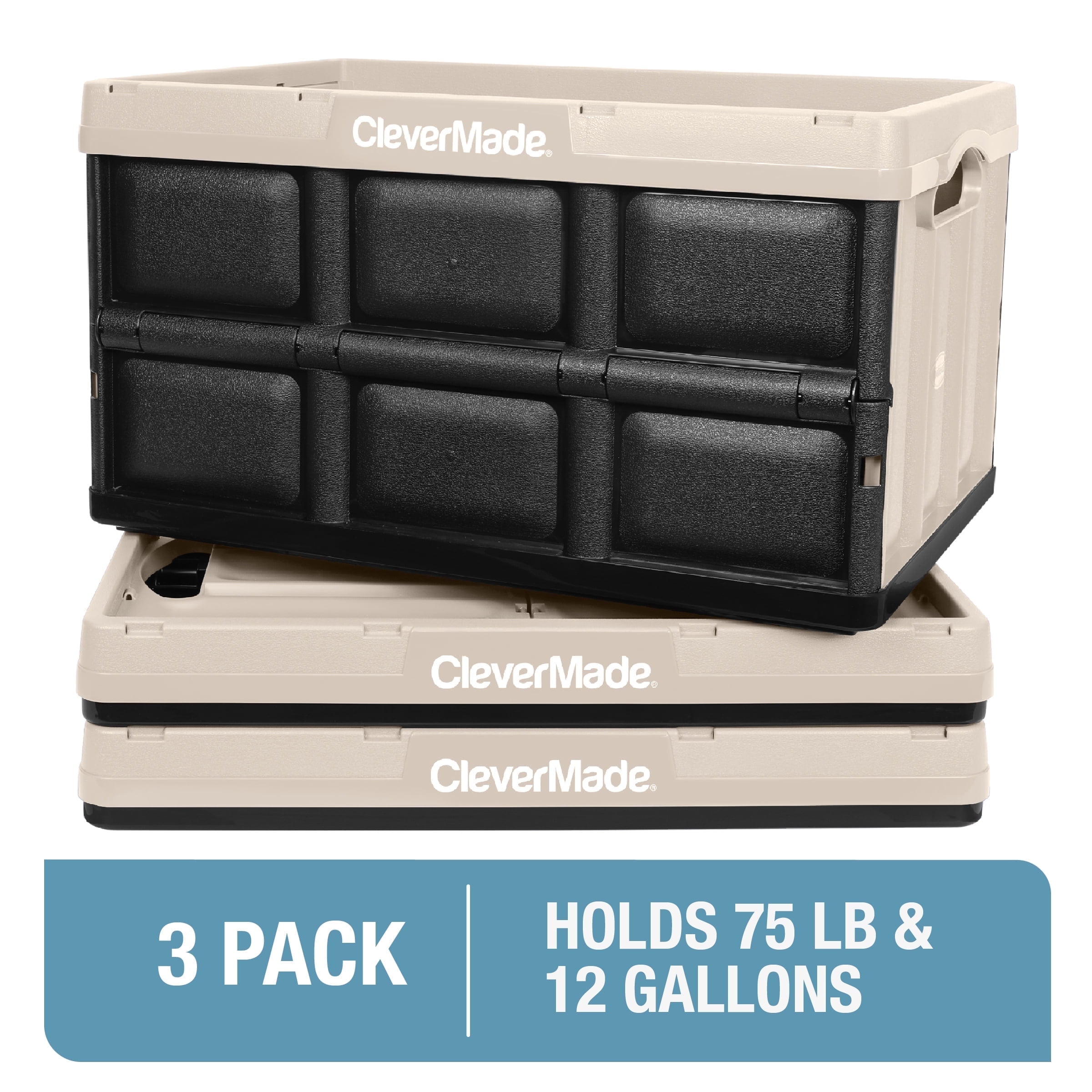 Tan and Black 46L Collapsible Stackable Storage Crates, 3-Pack