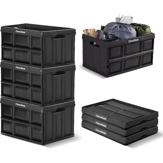 CleverMade Collapsible Storage Bin 62L Stackable, Obsidian 3 Pack