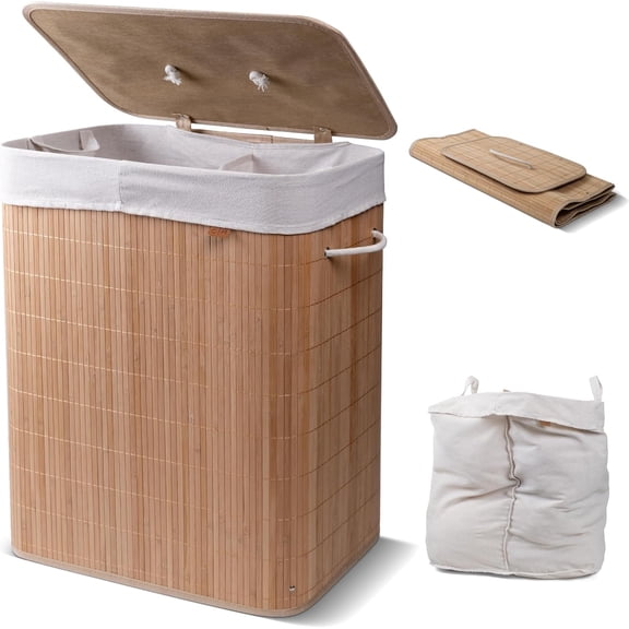 CleverMade Double Bamboo Laundry Hamper with Lid 103L Clothes Bin