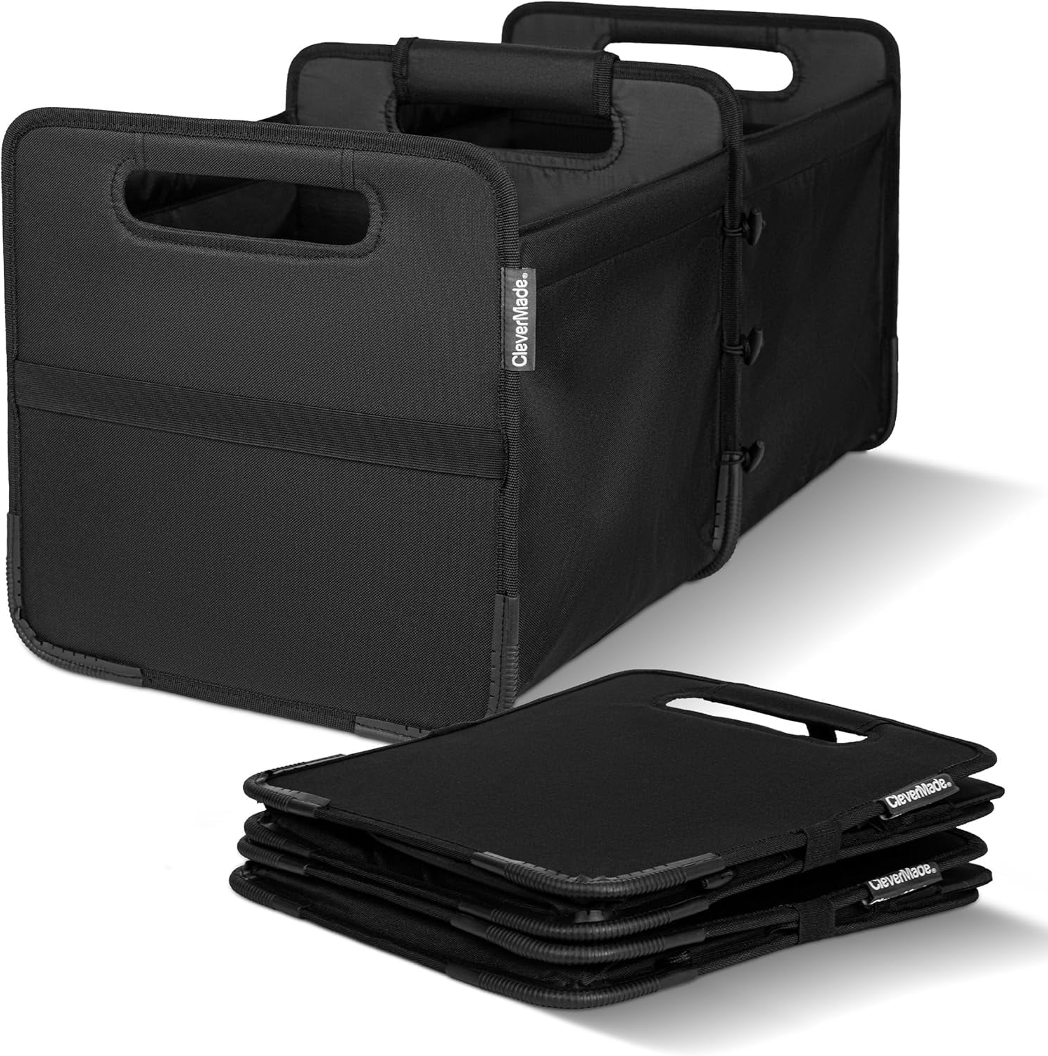 CleverMade Double Trunk Caddy 46L Collapsible Car Organizer for SUV, Foldable Cargo Storage Basket with Removable Compartments, Connectable Design, Reinforced Frame, Midnight Black