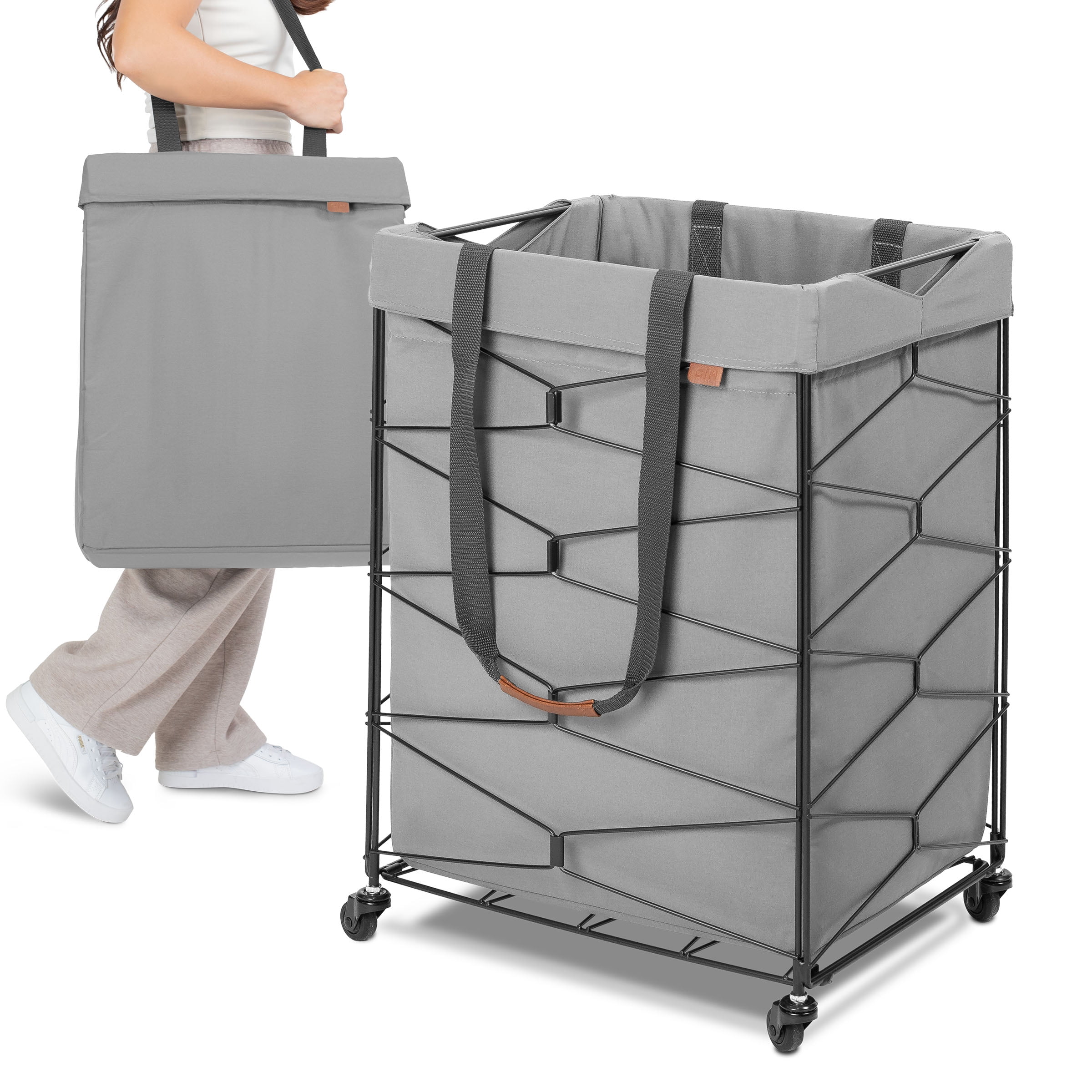 CleverMade Flex Frame Hamper LUXE 98L Rolling Laundry Hamper, Charcoal