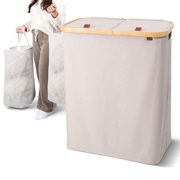 CleverMade Lidded Double Hamper LUXE with Bamboo Frame & Removable Bags, Cream